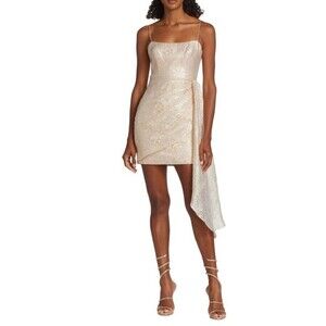 ML MONIQUE LHUILLIER Draped Metallic Jacquard Mini Dress Womens 8‎ Gold Metallic